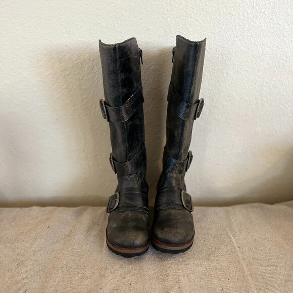 Gee WaWa Anthropology Black Distressed Leather Moto Knee Boots Sz 7 - Picture 1 of 11